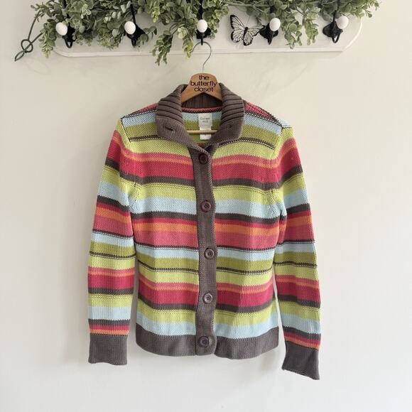 Garnet Hill Striped Multicolor Knit Button Down Sweater Cotton Small Q4885 - Picture 1 of 4